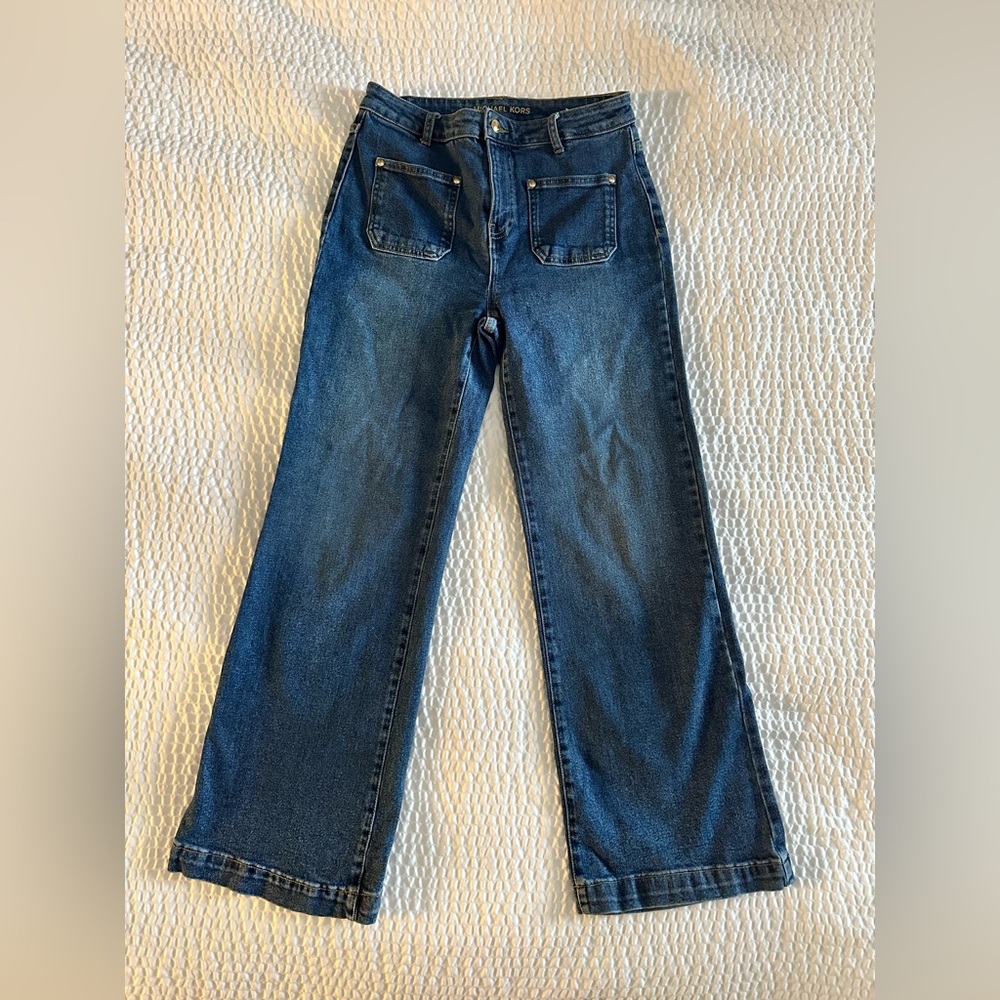 Michael Kors Selma High Rise Wide Leg Patch Pocket Dark Blue Jeans M 6
